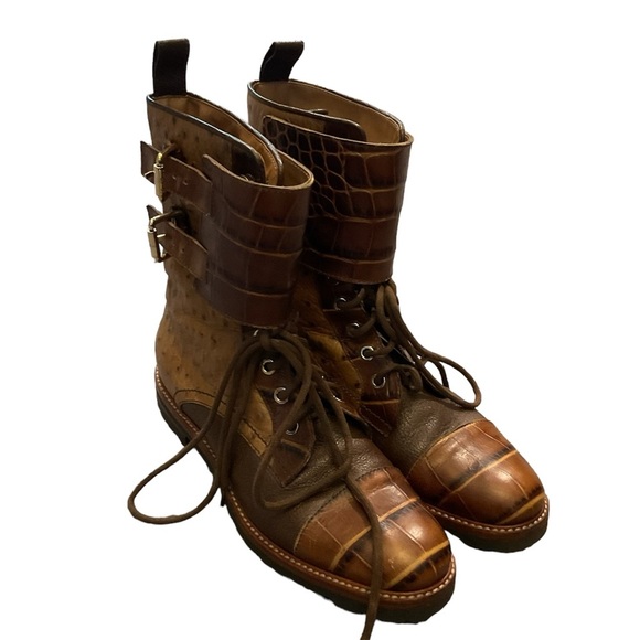 Max Mara Croc Ostrich Leather Cap Toe Lace Up Combat Dress Boots Y2K sz 8.5, NEW